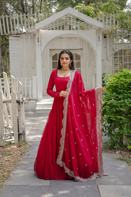 Jyoti Fashion Women's Rani Pink Faux Georgette 5 Layer Frill Anarkali Dress with Dupatta | Swadesiicart