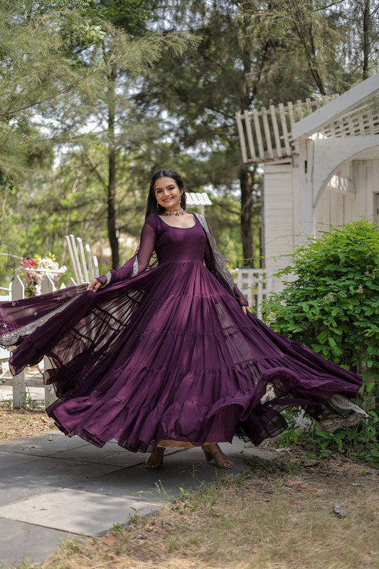 Jyoti Fashion Women's Purple Faux Georgette 5 Layer Frill Anarkali Dress with Dupatta | Swadesiicart