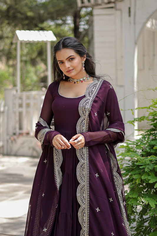 Jyoti Fashion Women's Purple Faux Georgette 5 Layer Frill Anarkali Dress with Dupatta | Swadesiicart