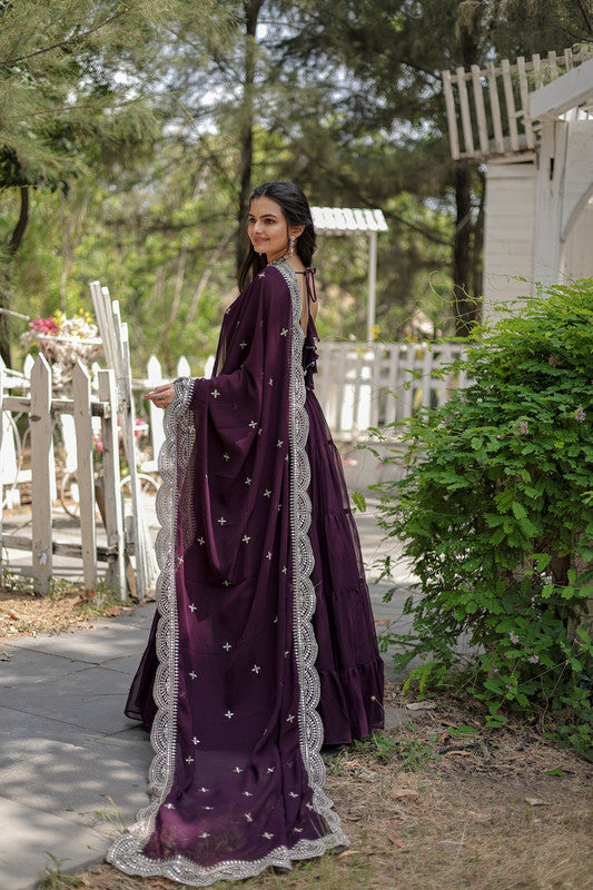 Jyoti Fashion Women's Purple Faux Georgette 5 Layer Frill Anarkali Dress with Dupatta | Swadesiicart