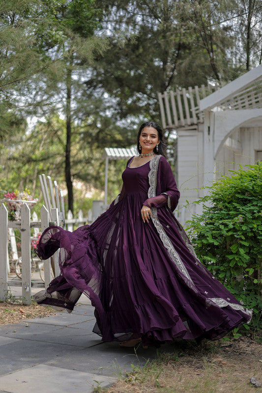 Jyoti Fashion Women's Purple Faux Georgette 5 Layer Frill Anarkali Dress with Dupatta | Swadesiicart