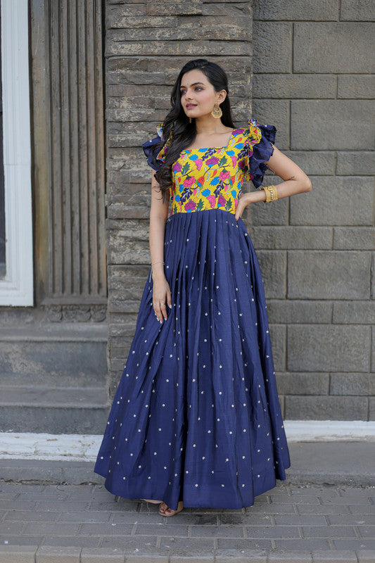 Jyoti Fashion Women's Blue Maslin with Chinon Embroidered Partwear Anarkali Dress | Swadesiicart