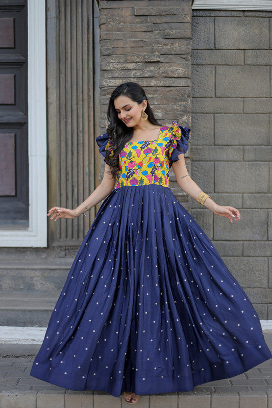 Jyoti Fashion Women's Blue Maslin with Chinon Embroidered Partwear Anarkali Dress | Swadesiicart