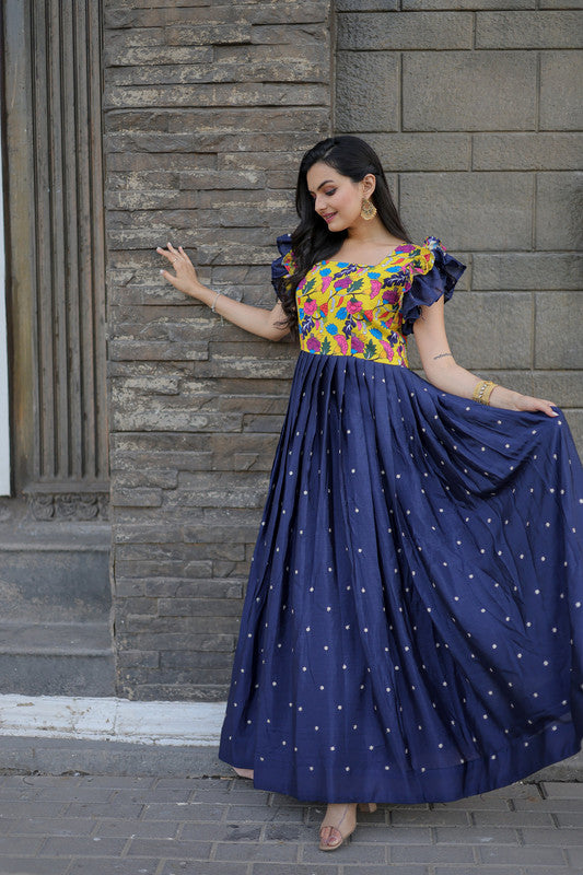 Jyoti Fashion Women's Blue Maslin with Chinon Embroidered Partwear Anarkali Dress | Swadesiicart