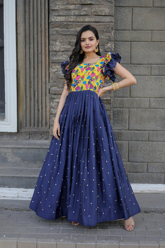 Jyoti Fashion Women's Blue Maslin with Chinon Embroidered Partwear Anarkali Dress | Swadesiicart