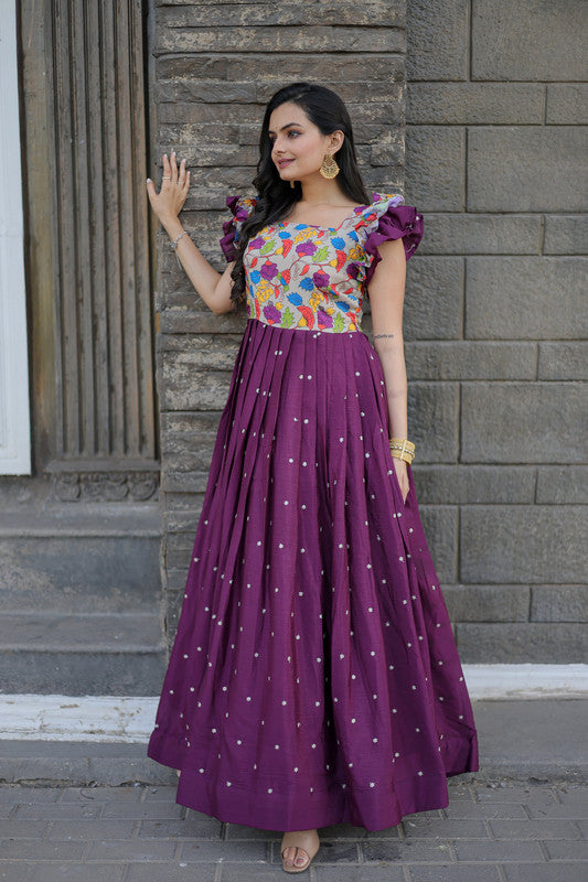Jyoti Fashion Women's Wine Maslin with Chinon Embroidered Partwear Anarkali Dress | Swadesiicart