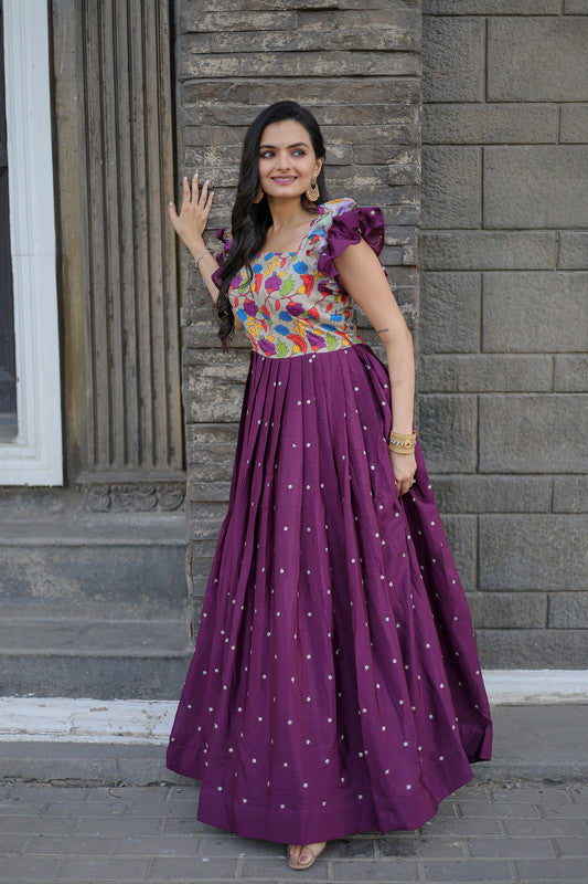 Jyoti Fashion Women's Wine Maslin with Chinon Embroidered Partwear Anarkali Dress | Swadesiicart