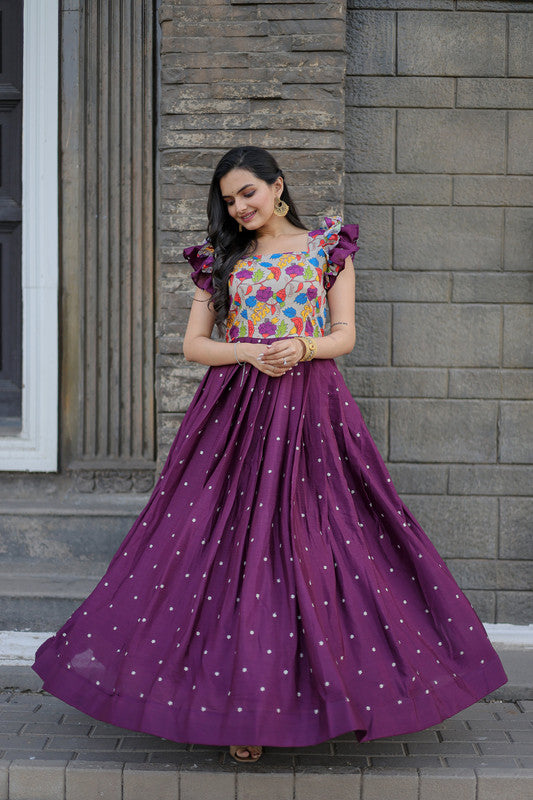 Jyoti Fashion Women's Wine Maslin with Chinon Embroidered Partwear Anarkali Dress | Swadesiicart