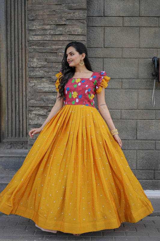 Jyoti Fashion Women's Yellow Maslin with Chinon Embroidered Partwear Anarkali Dress | Swadesiicart