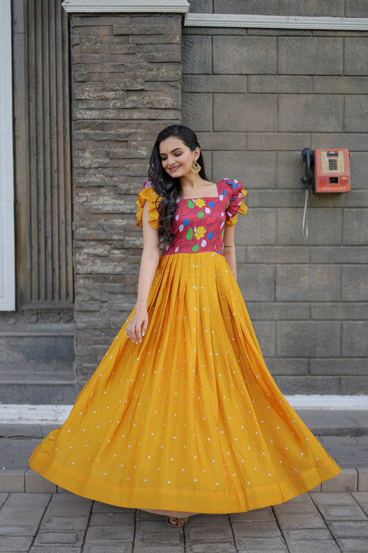Jyoti Fashion Women's Yellow Maslin with Chinon Embroidered Partwear Anarkali Dress | Swadesiicart