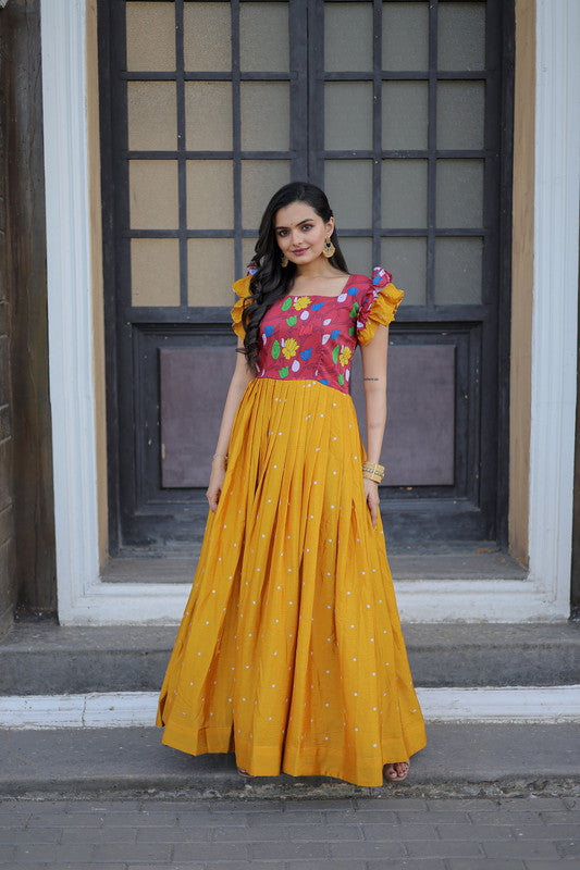 Jyoti Fashion Women's Yellow Maslin with Chinon Embroidered Partwear Anarkali Dress | Swadesiicart