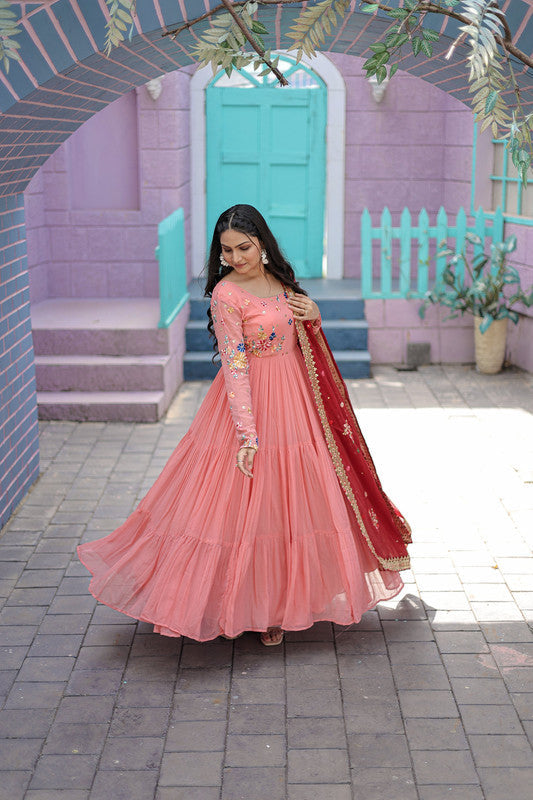 Jyoti Fashion Women's Peach Faux Georgette Thread Embroidery Anarkali Dress with Dupatta | Swadesiicart