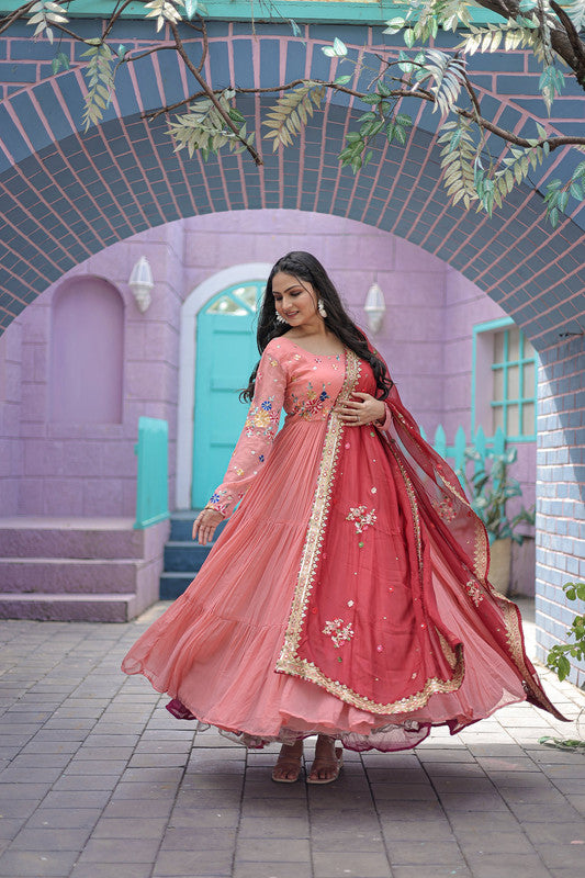Jyoti Fashion Women's Peach Faux Georgette Thread Embroidery Anarkali Dress with Dupatta | Swadesiicart