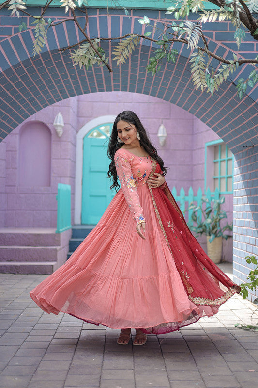 Jyoti Fashion Women's Peach Faux Georgette Thread Embroidery Anarkali Dress with Dupatta | Swadesiicart