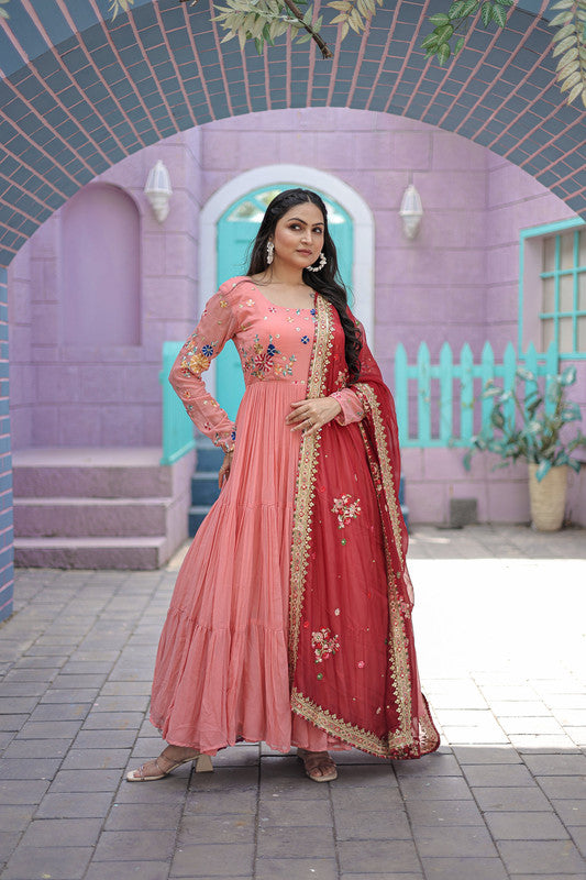 Jyoti Fashion Women's Peach Faux Georgette Thread Embroidery Anarkali Dress with Dupatta | Swadesiicart