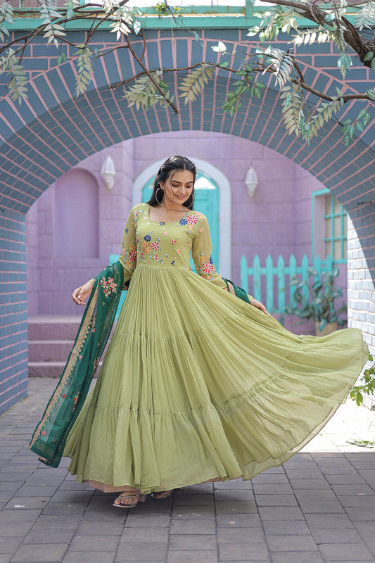 Jyoti Fashion Women's Pista Faux Georgette Thread Embroidery Anarkali Dress with Dupatta | Swadesiicart