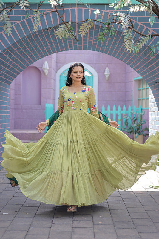 Jyoti Fashion Women's Pista Faux Georgette Thread Embroidery Anarkali Dress with Dupatta | Swadesiicart