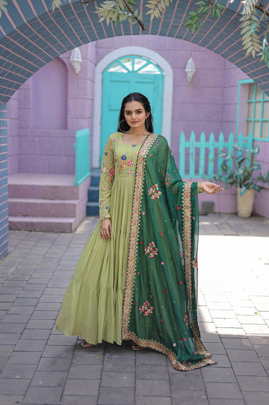 Jyoti Fashion Women's Pista Faux Georgette Thread Embroidery Anarkali Dress with Dupatta | Swadesiicart