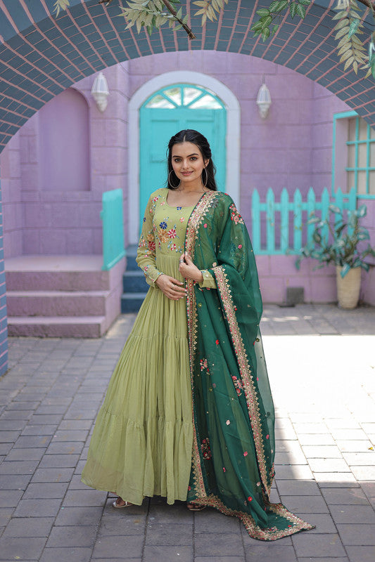 Jyoti Fashion Women's Pista Faux Georgette Thread Embroidery Anarkali Dress with Dupatta | Swadesiicart