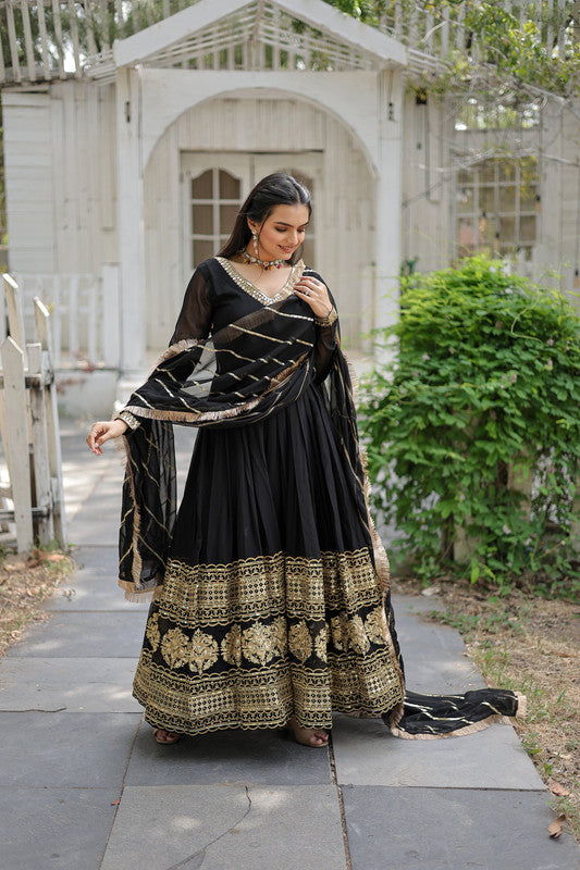 Jyoti Fashion Women's Black Faux Blooming Sequins Embroidery Anarkali Dress with Dupatta | Swadesiicart