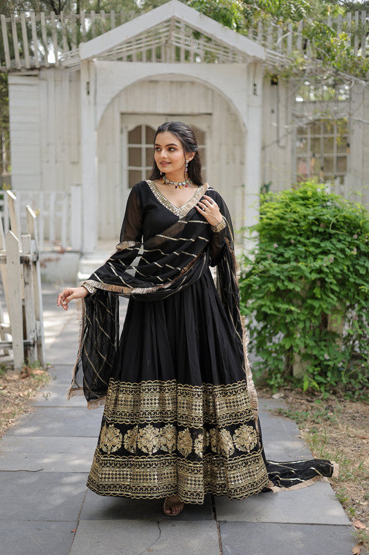Jyoti Fashion Women's Black Faux Blooming Sequins Embroidery Anarkali Dress with Dupatta | Swadesiicart