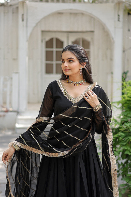 Jyoti Fashion Women's Black Faux Blooming Sequins Embroidery Anarkali Dress with Dupatta | Swadesiicart