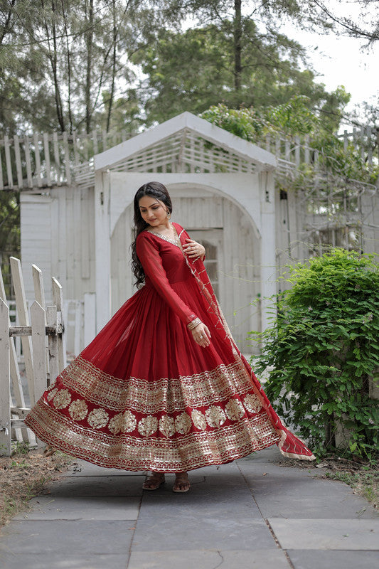 Jyoti Fashion Women's Maroon Faux Blooming Sequins Embroidery Anarkali Dress with Dupatta | Swadesiicart