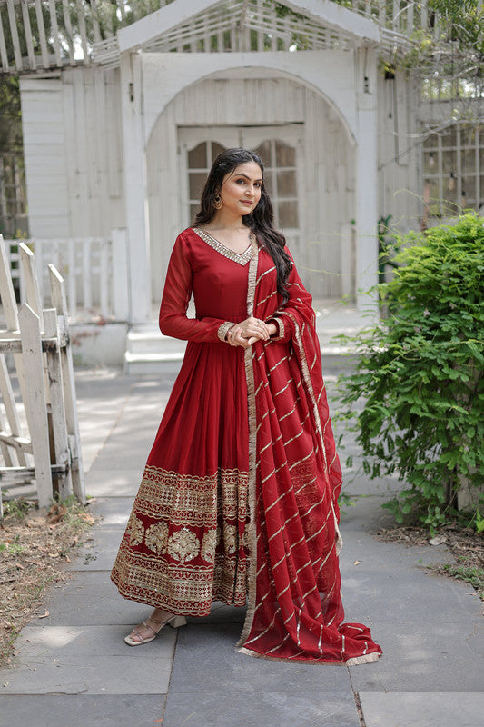 Jyoti Fashion Women's Maroon Faux Blooming Sequins Embroidery Anarkali Dress with Dupatta | Swadesiicart