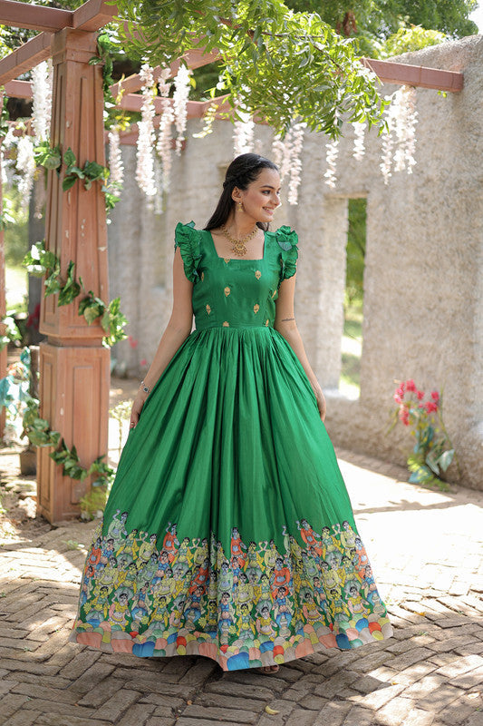 Jyoti Fashion Women's Green Dola Silk Printed Festive Designer Anarkali Dress | Swadesiicart