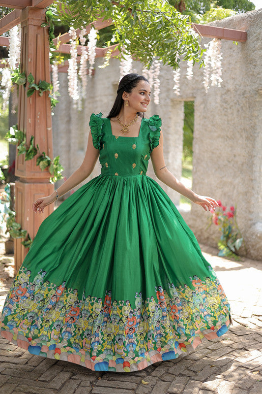 Jyoti Fashion Women's Green Dola Silk Printed Festive Designer Anarkali Dress | Swadesiicart