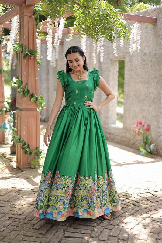 Jyoti Fashion Women's Green Dola Silk Printed Festive Designer Anarkali Dress | Swadesiicart