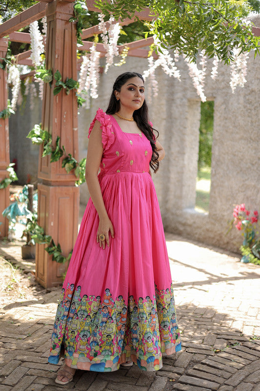 Jyoti Fashion Women's Pink Dola Silk Printed Festive Designer Anarkali Dress | Swadesiicart