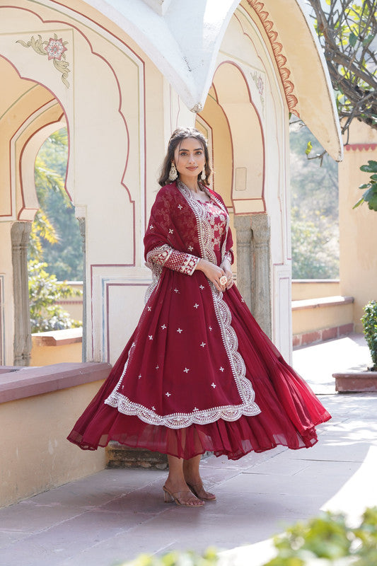 Jyoti Fashion Women's Maroon Faux Blooming Jacquard with Sequins Embroidered Anarkali Dress with Dupatta | Swadesiicart