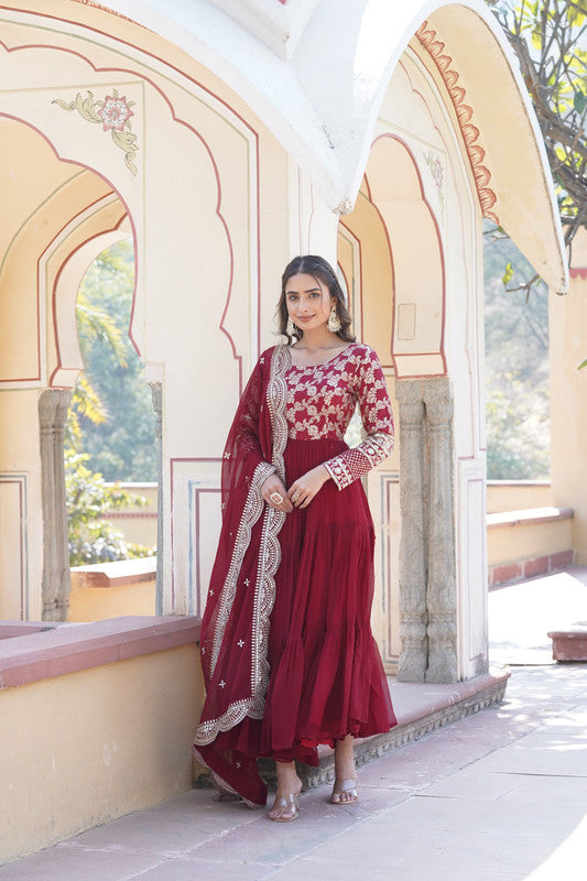 Jyoti Fashion Women's Maroon Faux Blooming Jacquard with Sequins Embroidered Anarkali Dress with Dupatta | Swadesiicart