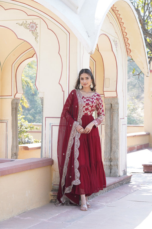 Jyoti Fashion Women's Maroon Faux Blooming Jacquard with Sequins Embroidered Anarkali Dress with Dupatta | Swadesiicart