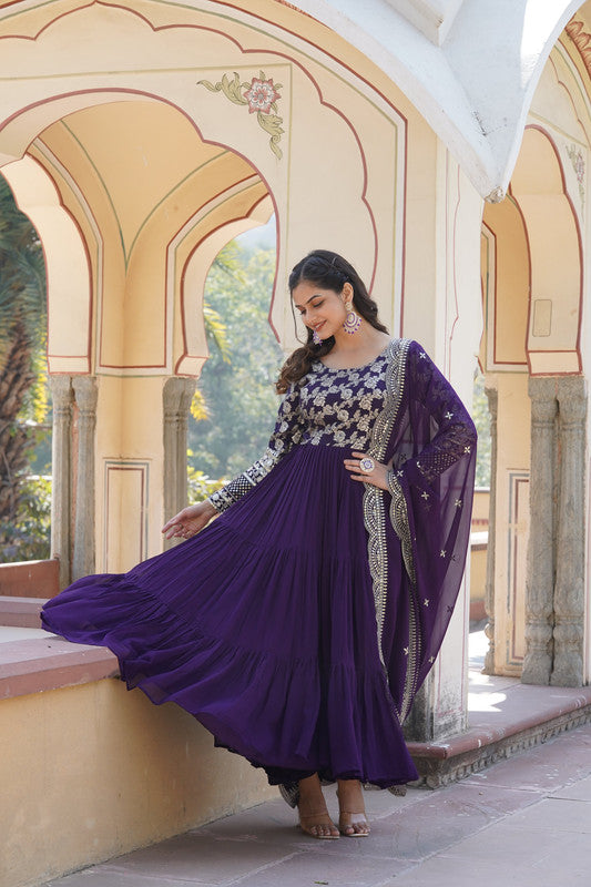 Jyoti Fashion Women's Purple Faux Blooming Jacquard with Sequins Embroidered Anarkali Dress with Dupatta | Swadesiicart