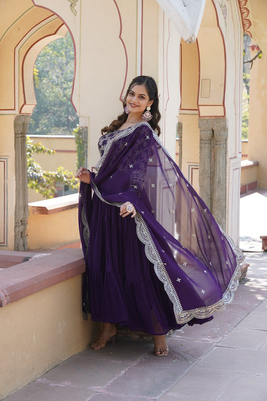 Jyoti Fashion Women's Purple Faux Blooming Jacquard with Sequins Embroidered Anarkali Dress with Dupatta | Swadesiicart