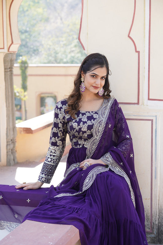 Jyoti Fashion Women's Purple Faux Blooming Jacquard with Sequins Embroidered Anarkali Dress with Dupatta | Swadesiicart
