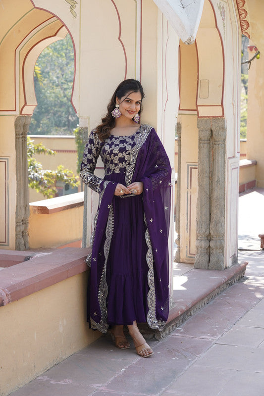 Jyoti Fashion Women's Purple Faux Blooming Jacquard with Sequins Embroidered Anarkali Dress with Dupatta | Swadesiicart
