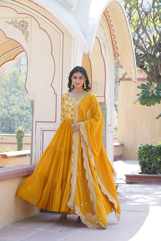 Jyoti Fashion Women's Yellow Faux Blooming Jacquard with Sequins Embroidered Anarkali Dress with Dupatta | Swadesiicart