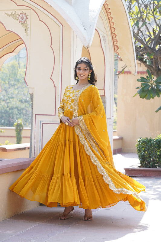 Jyoti Fashion Women's Yellow Faux Blooming Jacquard with Sequins Embroidered Anarkali Dress with Dupatta | Swadesiicart