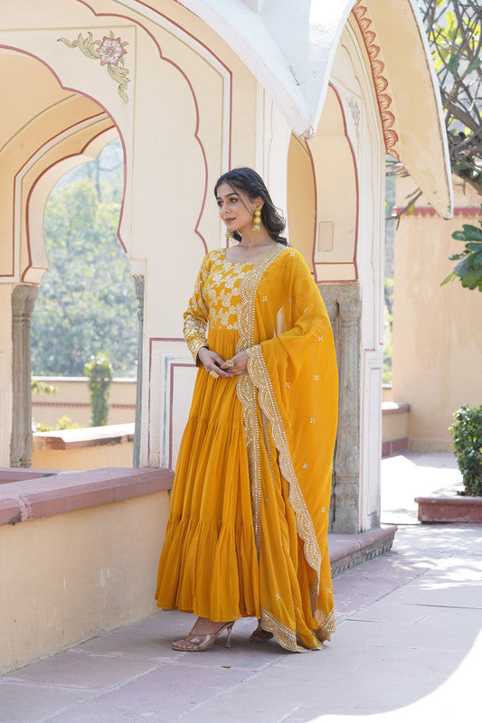 Jyoti Fashion Women's Yellow Faux Blooming Jacquard with Sequins Embroidered Anarkali Dress with Dupatta | Swadesiicart