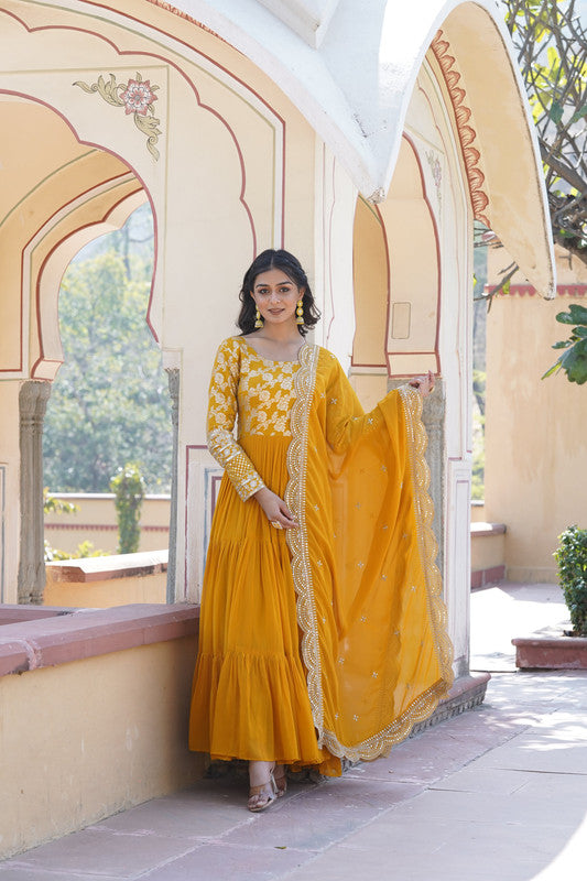 Jyoti Fashion Women's Yellow Faux Blooming Jacquard with Sequins Embroidered Anarkali Dress with Dupatta | Swadesiicart