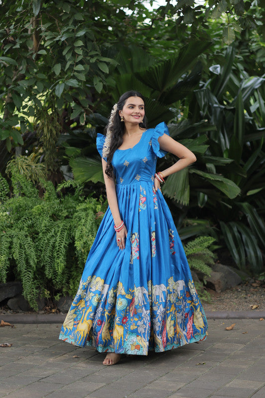 Jyoti Fashion Women's Sky Blue Dola Silk Printed Festive Designer Anarkali Dress | Swadesiicart