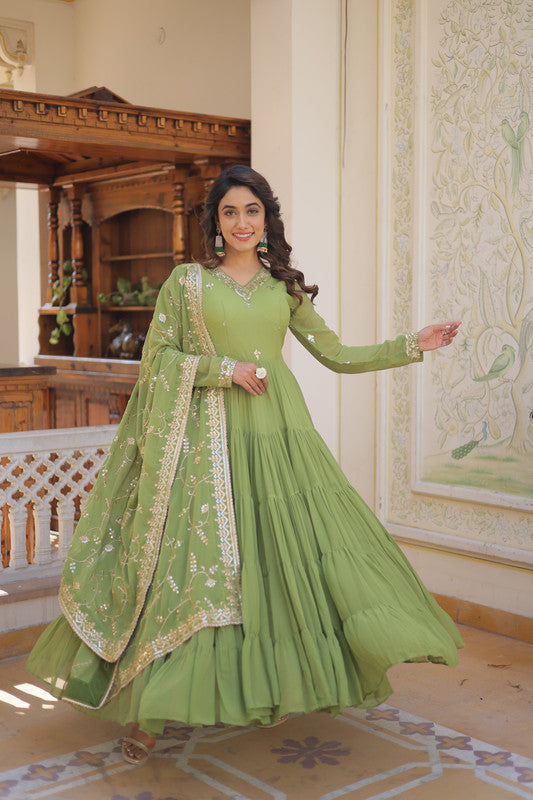 Jyoti Fashion Women's Green Faux Georgette Embroidered Partywear Anarkali Dress with Dupatta | Swadesiicart