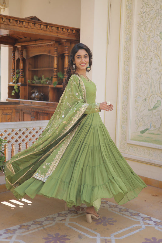 Jyoti Fashion Women's Green Faux Georgette Embroidered Partywear Anarkali Dress with Dupatta | Swadesiicart