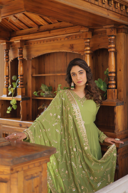 Jyoti Fashion Women's Green Faux Georgette Embroidered Partywear Anarkali Dress with Dupatta | Swadesiicart