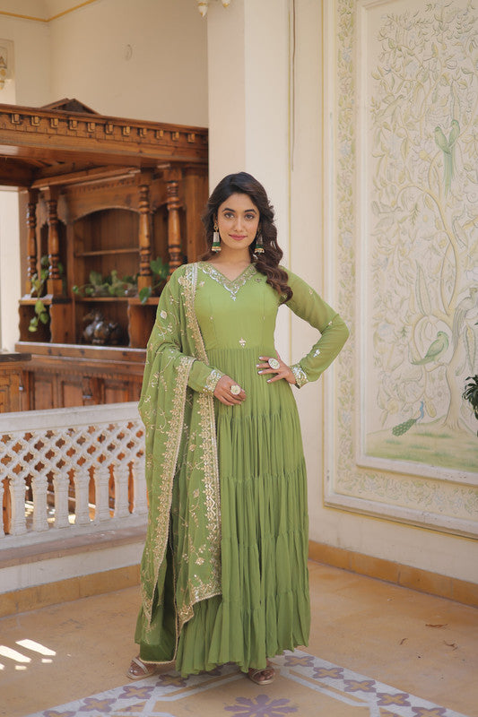Jyoti Fashion Women's Green Faux Georgette Embroidered Partywear Anarkali Dress with Dupatta | Swadesiicart