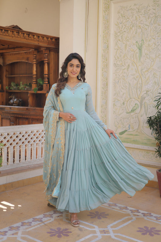 Jyoti Fashion Women's Sky Blue Faux Georgette Embroidered Partywear Anarkali Dress with Dupatta | Swadesiicart