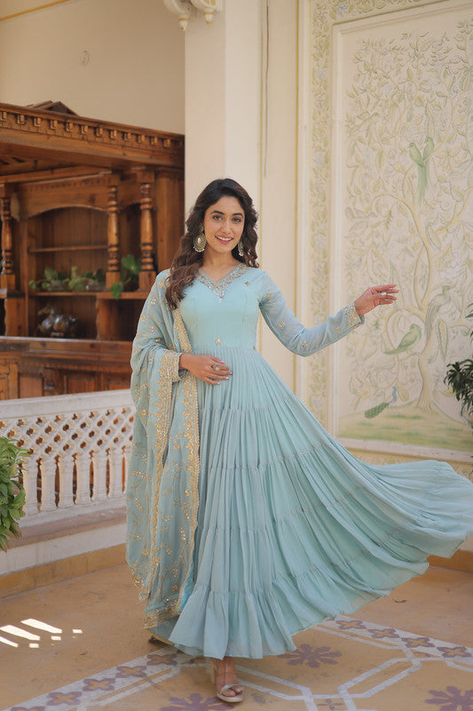 Jyoti Fashion Women's Sky Blue Faux Georgette Embroidered Partywear Anarkali Dress with Dupatta | Swadesiicart